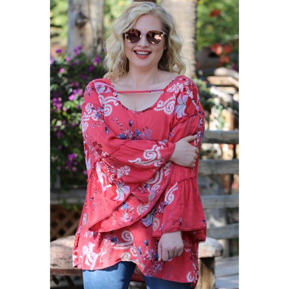 Angie Floral Ruffle Seam Bell Sleeve Tunic - Picture 3 of 6